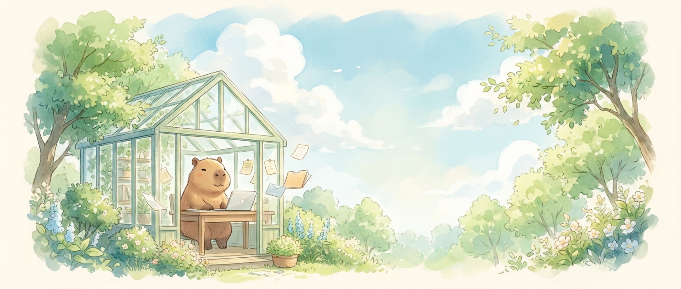 Capybara working in a garden studio