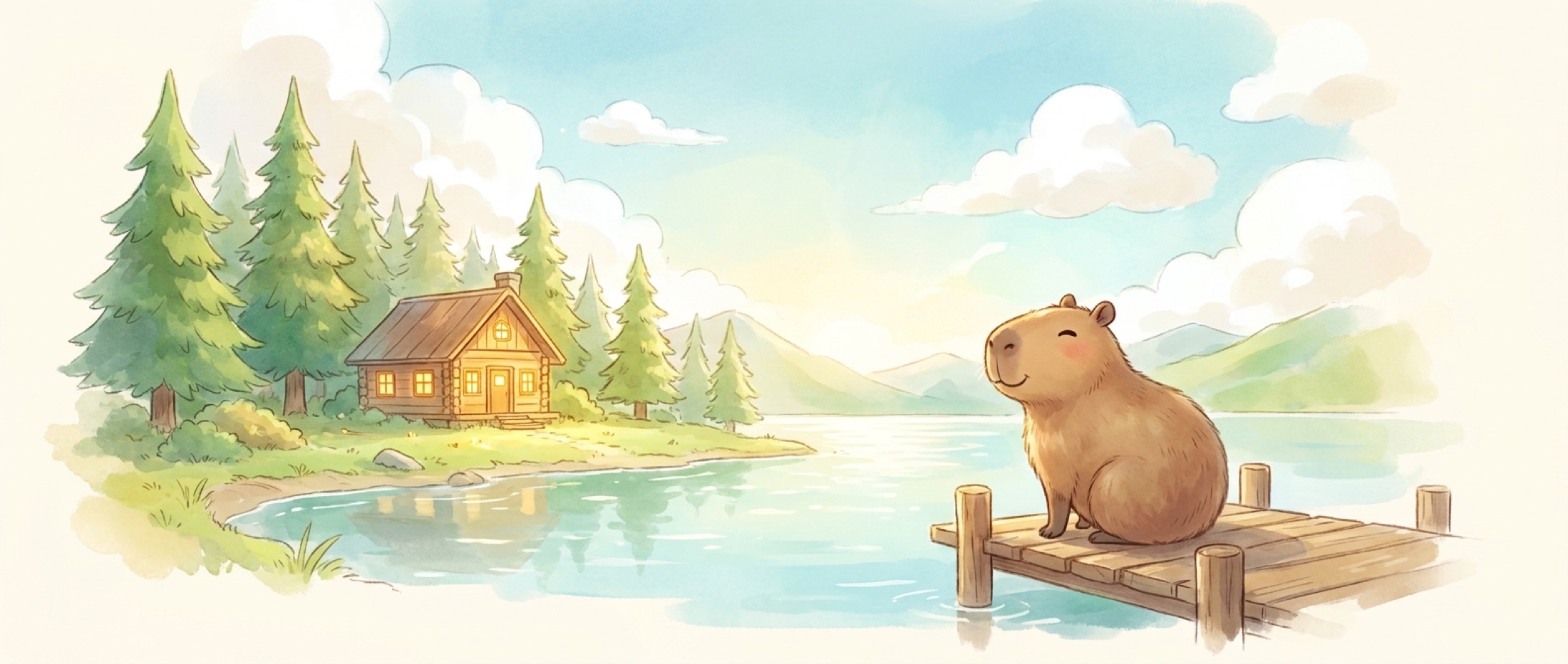 Capybara on a dock by a quiet lake