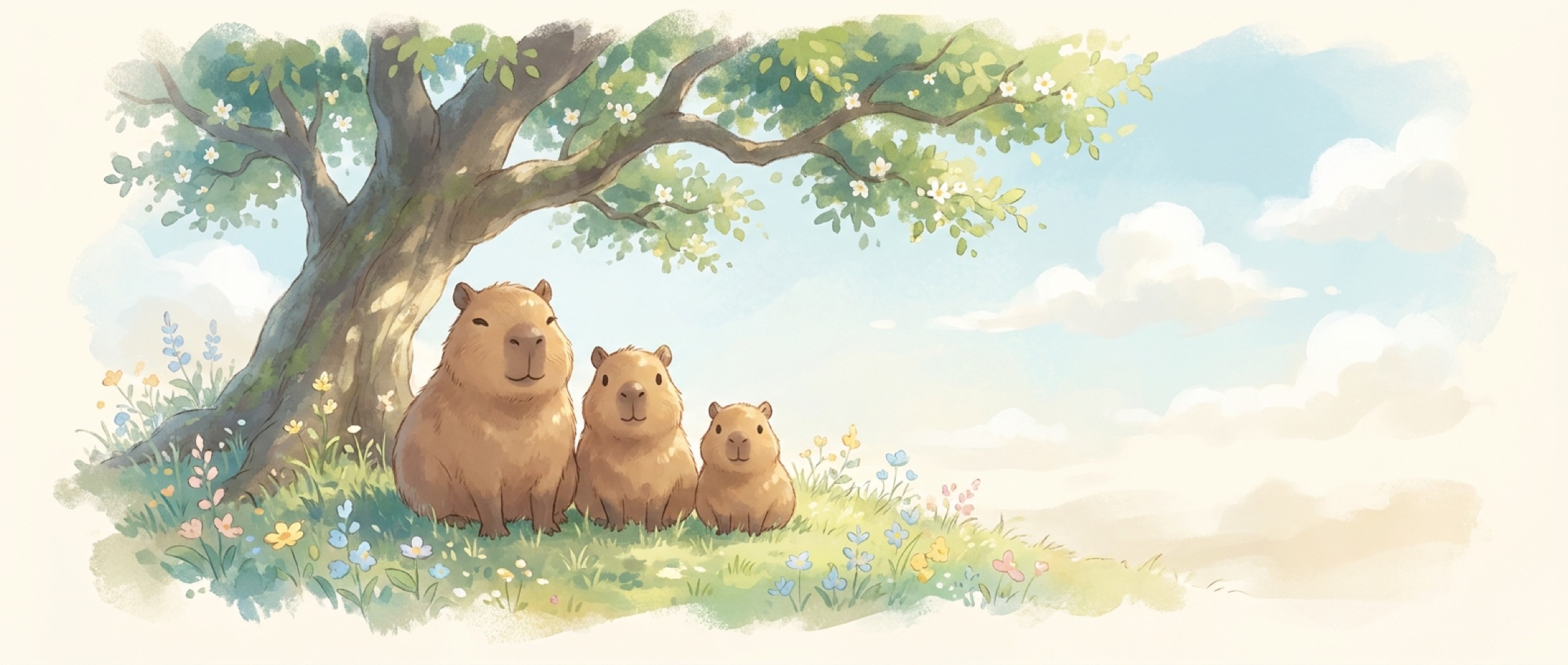 Three capybaras under a tree